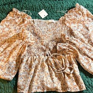 Ultra Flirt Beige Floral Smocked Peplum Top with Puff Sleeves